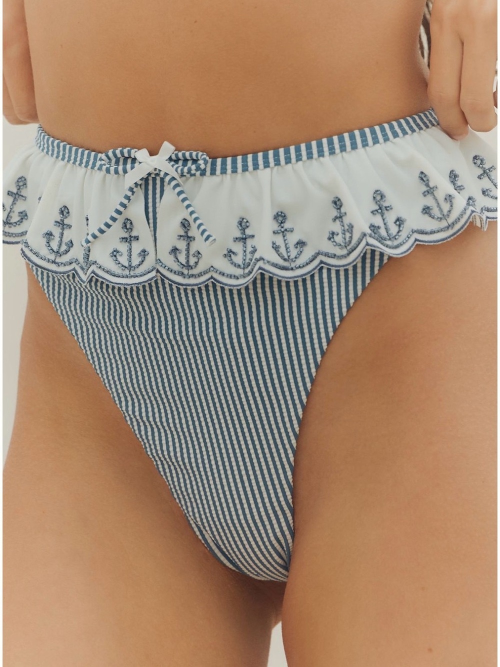 Striped Blue High-Cut Bikini Bottom with Anchor Embroidered Ruffle